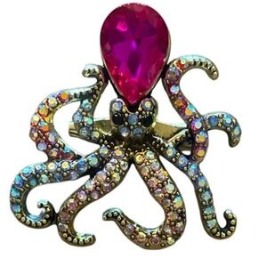 Octopus Brooch Pin Jelly Belly Rhinestone Jewel Toned Tentacle Statement Jewelry